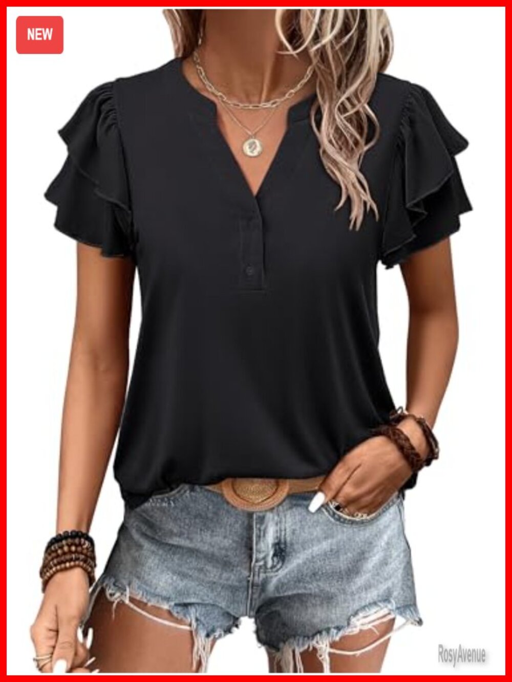 Womens Loose Fit V-Neck Blouse Flutter Sleeve Button Detail Casual Top